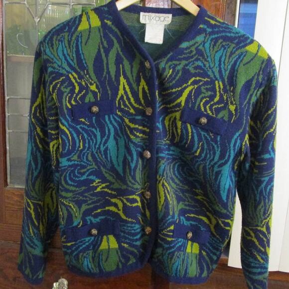 90s Vintage Mixage Blue Green Knit Cardigan Sweater Size L Button Up Eclectic - Picture 1 of 16